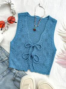 Soleia Solid Color Knitted Sweater Vest With Tie, For Vacation & Leisure - Blue - View 3