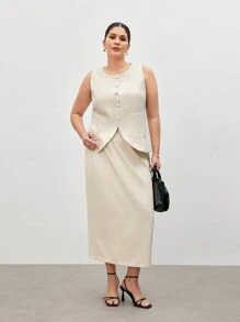 BizChic 加大码纯色编织优雅背心和裙子套装女式两件套 - 杏色 - 查看 5