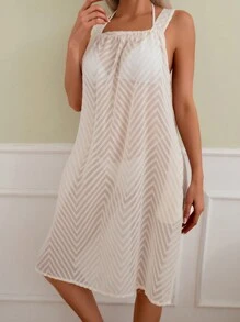 SHEIN Swim 女士單色透視厚肩帶無背袖式遮陽裙，適用於夏季假期 - 杏色 - 查看 2