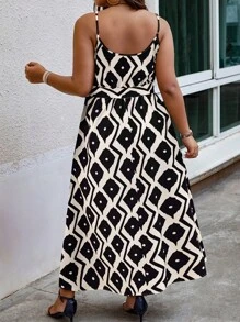 Breezaya Plus Size Belted Printed Vacation Style Cami Dress With Random Floral Pattern