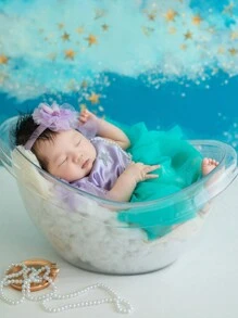 SHEIN Sơ sinh Bé gái Ngọc trai & Sao biển Trang trí Chụp ảnh Váy phồng lưới và Bộ băng đô, Quần áo chụp ảnh, Váy khối màu - Nhiều màu - Xem 6
