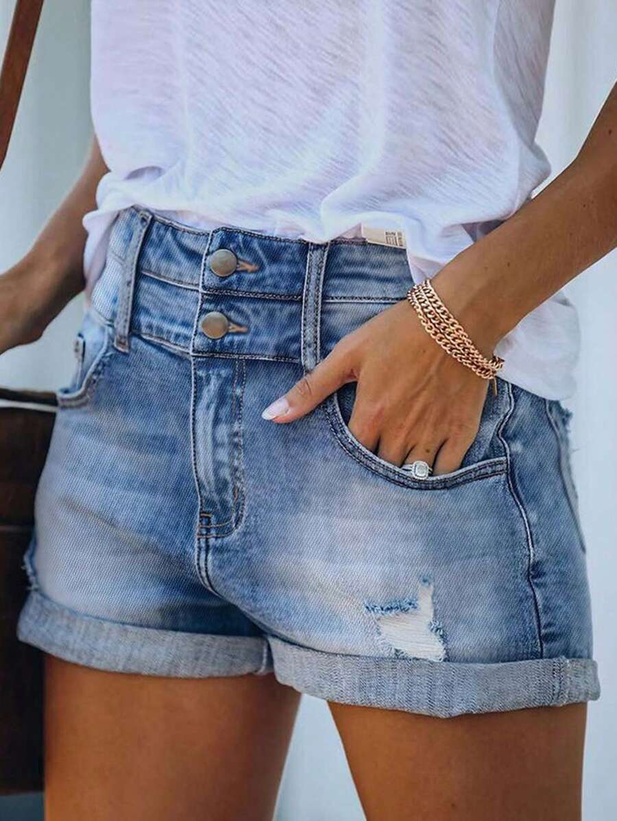 Women's Pocketed Ripped Hem Two-Button Basic Denim Shorts - 淺色水洗藍 - 查看 1