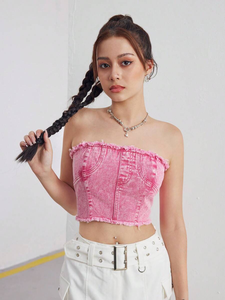 SHEIN Teen Girl Rough Edge Hem Pink Denim Top