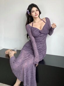 DAZY Vestido de encaje de manga larga para fiesta/boda/formal, con volantes, vestido de otoño para mujer - Morado - Ver 4
