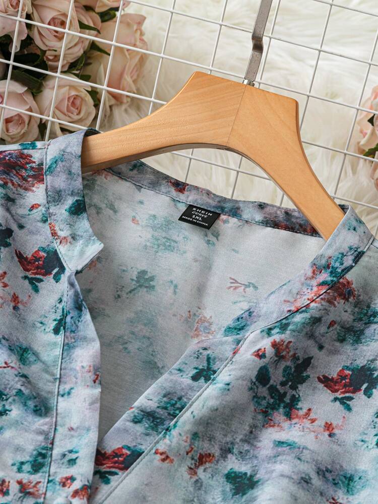 プラスサイズ タイダイ バカンス & カジュアル シャツ、ノッチネックライン付き、リネン風生地