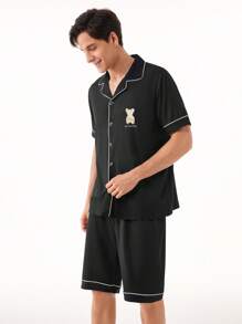 Conjunto de ropa de hogar para hombre que incluye camisa de manga corta con bloques de color y shorts - Negro - Ver 5