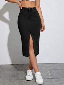 Jeanoix Váy denim màu trơn đơn giản dành cho nữ để mặc hàng ngày - màu đen - Xem 3