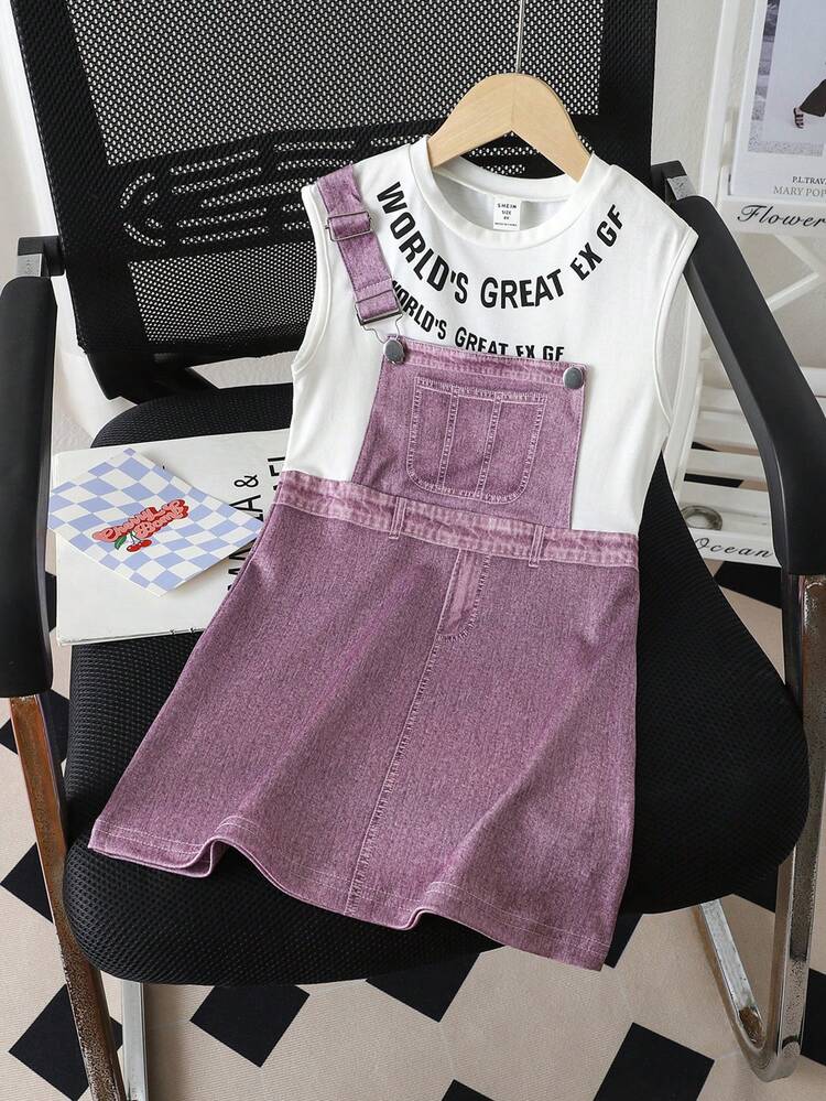 Young Girl's Cool Fashion Asymmetrical Denim-Effect Printed 2 In 1 Dress