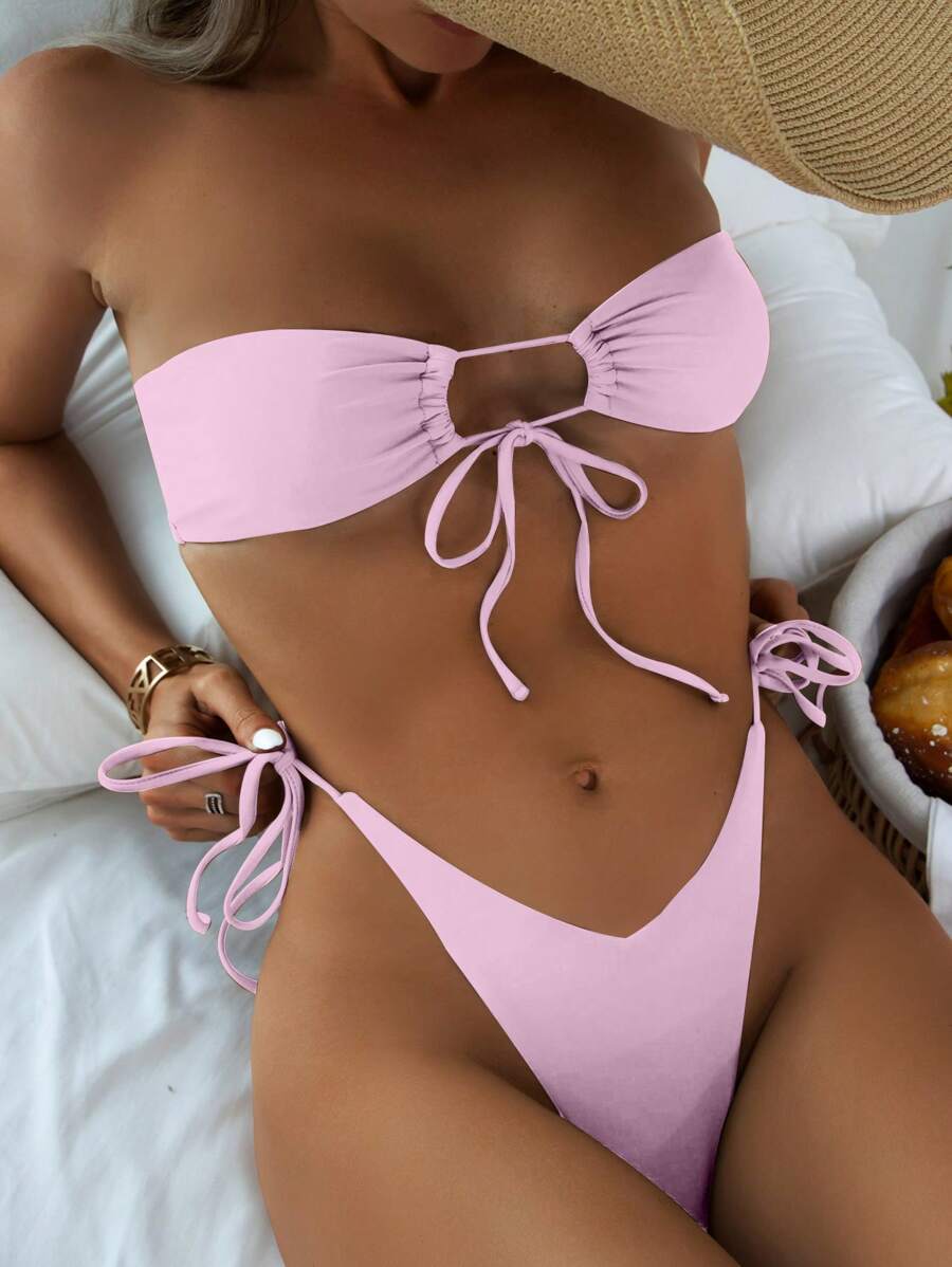 SHEIN Swim 女士夏季海滩纯色无肩带镂空抹胸比基尼套装,无线 - 淺粉色 - 查看 1