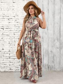 SHEIN LUNE 大码挂脖式佩斯利印花束带连衣裙 波西米亚风连衣裙 长款夏季连衣裙 - 彩色 - 查看 7