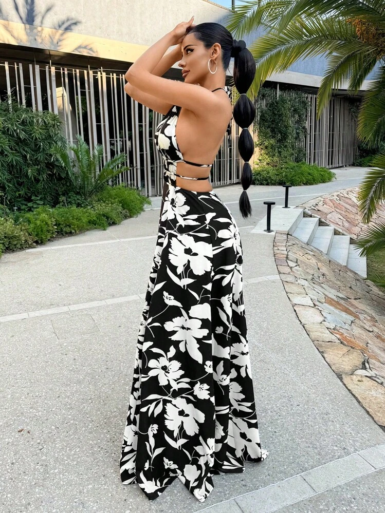 SHEIN SXY Black And White Floral Print Halter Neck Backless Maxi Hawaiian  Dress For Women Vacation Sexy Summer Beach Vacation Boho Women's Pride Wear  Suit Birthday Outfit Bachelorette Party Concert Club Graduation