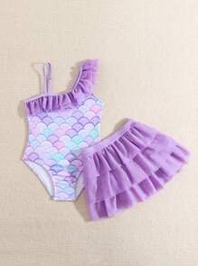 小女孩简约印花连体泳衣和裙子 - 彩色 - 查看 5