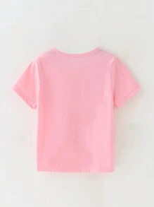 SHEIN Young Girl Cartoon Cow & Letter Slogan Printed Short Sleeve T-Shirt, Casual - Pink - View 2