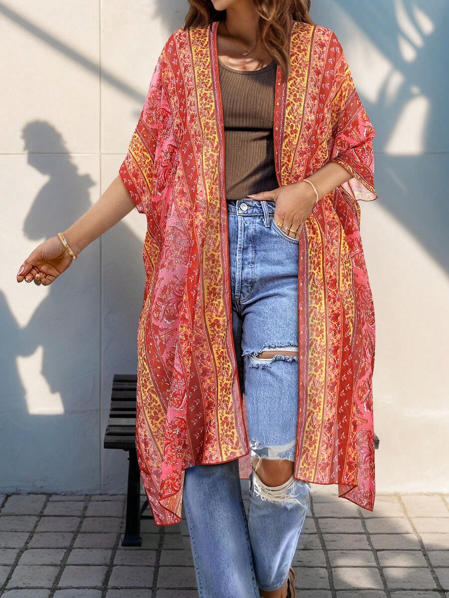 Women's Random Print Casual Kimono Cover Up - Multicolor - View 1