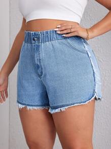 SHEIN Essnce Plus Size Women's Frayed Edge Casual Denim Shorts With Pockets