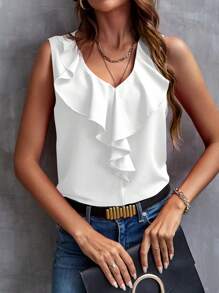 SHEIN Clasi 女士纯色简约日常无袖衬衫、无袖上衣 - 白色 - 查看 6