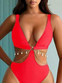 SHEIN Swim Women's Red Cut Out Chain Decor One-Piece Swimsuit, Summer Beach - Red - View 1