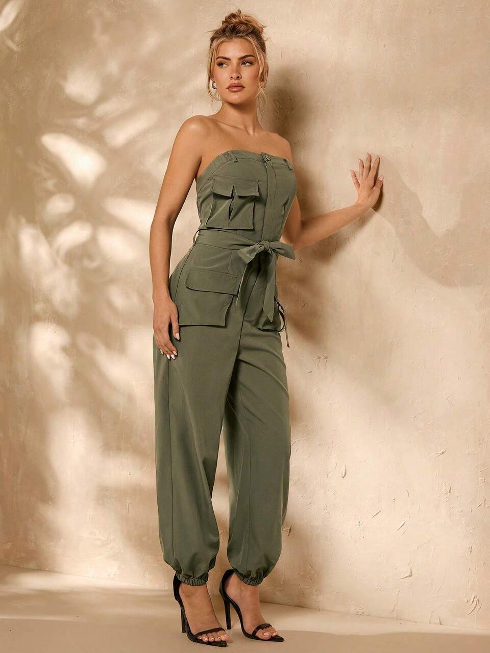 Fashionable Strapless Zipper Bandage Multi-Pocket Jumpsuit
