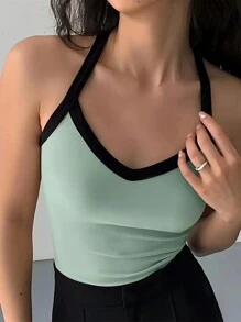 INAWLY 女款夏季修身拼色掛脖吊帶背心 - 紅色 - 查看 1