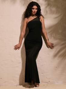 SHEIN VCAY 女士時尚修身不對稱領設計度假裙 - 黑色 - 查看 4