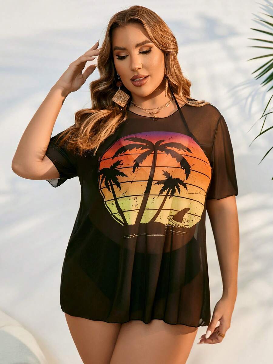 Plus Size Summer Beach Coconut Tree Printed Mesh Swimsuit Cover Up