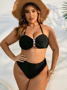 SHEIN Swim Curve 大码女式彩色针织装饰比基尼套装夏季 - 黑色 - 查看 4