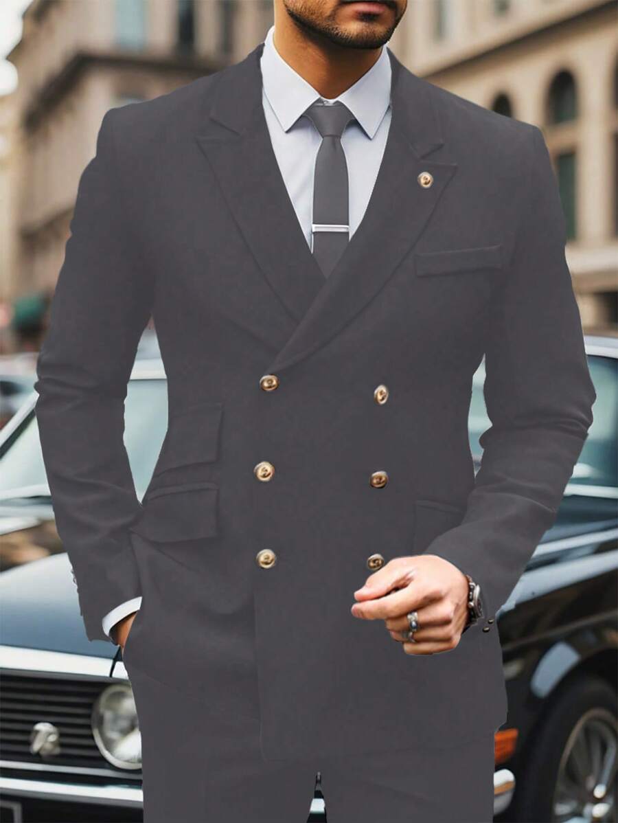 Manfinity Mode 純色男士簡約日常長袖西裝外套 - 灰色 - 查看 1