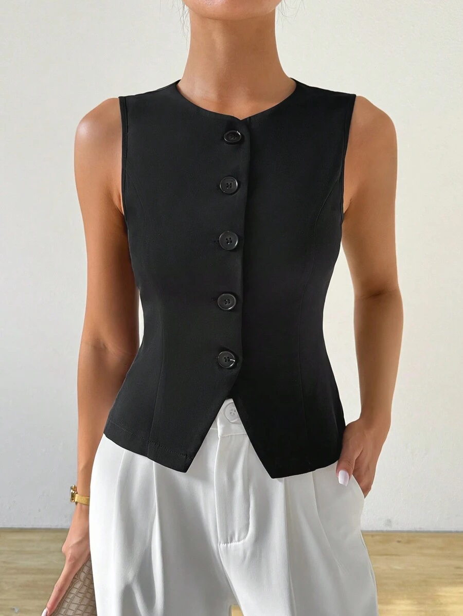 Chiquease Women's Basic Solid Color Sleeveless Blazer For Daily Wear