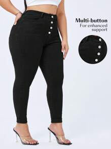 Flexra Quần Jeans Denim Màu Trơn Co Giãn Ôm Vừa Cỡ Lớn Thời Trang Cạp Cao Cho Nữ - màu đen - Xem 4