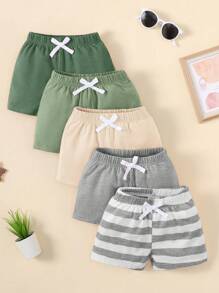 SHEIN Vintaside Kids 5入組嬰兒男孩基本款純色條紋短褲 - 彩色 - 查看 3