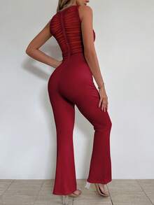Women's Valentine's Day Sweet See-Through Sexy Round Neck Skin Friendly Mesh Wrinkled Butt Lifting Flared Jumpsuit - Burgundy - View 2