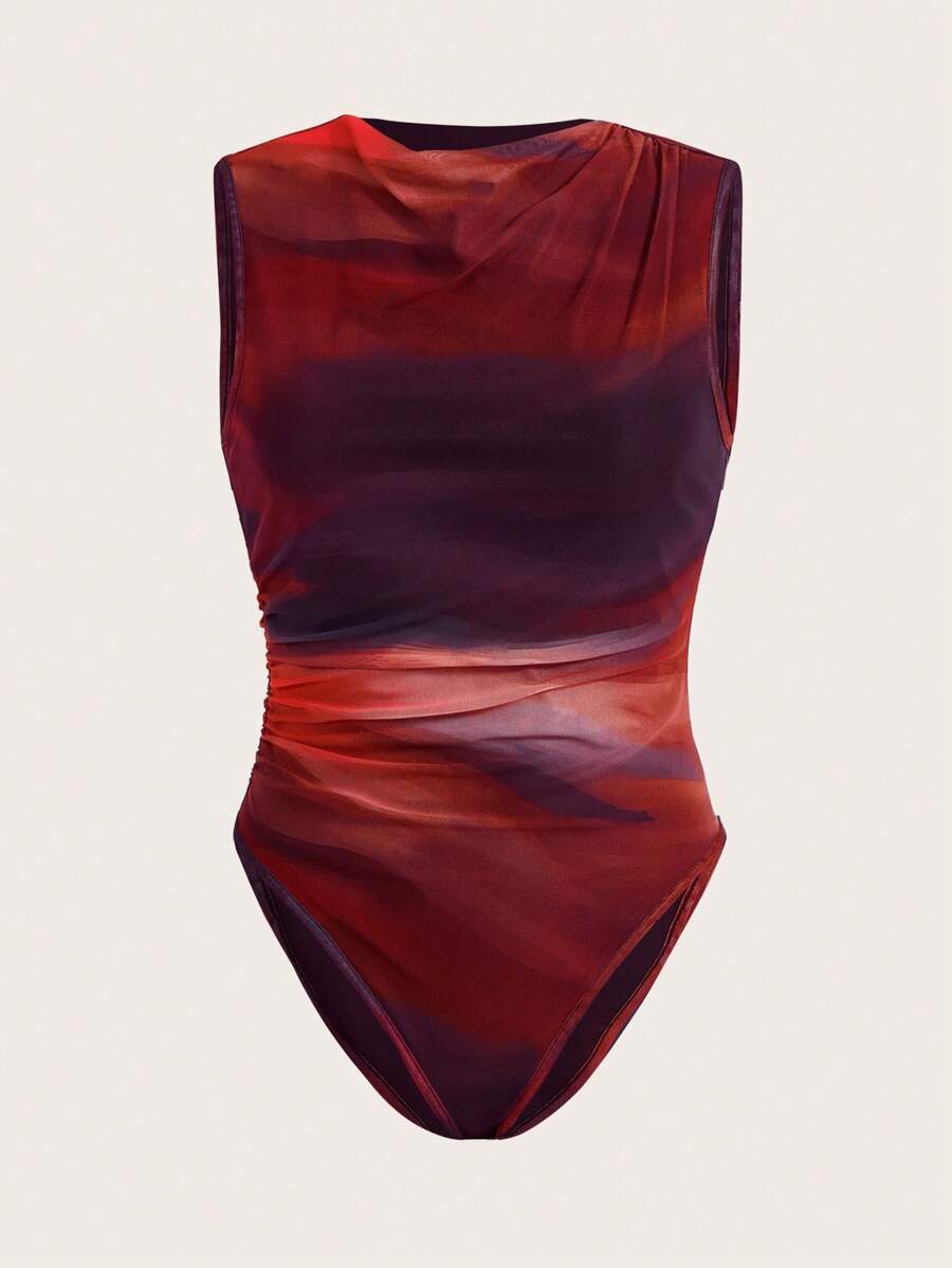 SHEIN Essnce 夏季時尚漸層色褶皺無袖連體衣 - 紅色 - 查看 1