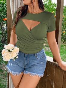 Calvaya Plus Size Women's Solid Color Round Neck Short Sleeve Hollow Out Ruched Slim Fit T-Shirt, Summer - Army Green - View 3