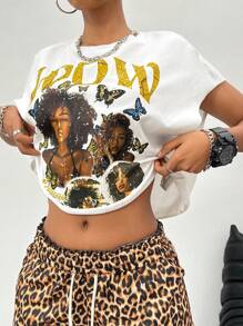 SHEIN EZwear 女士夏季街头休闲针织图案健身白色宽松短款衬衫背心 - 白色 - 查看 1