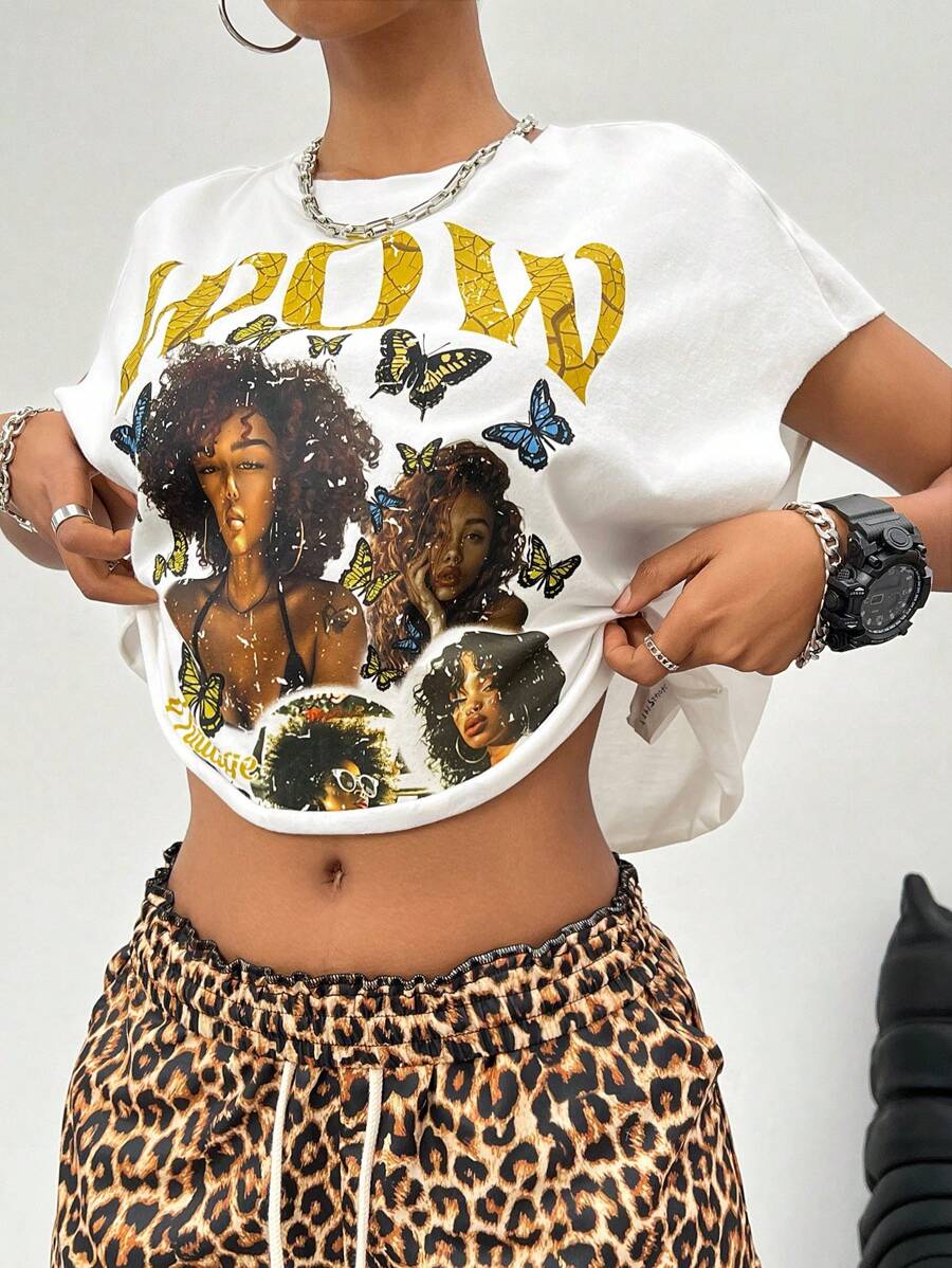 SHEIN EZwear 女士夏季街头休闲针织图案健身白色宽松短款衬衫背心 - 白色 - 查看 1