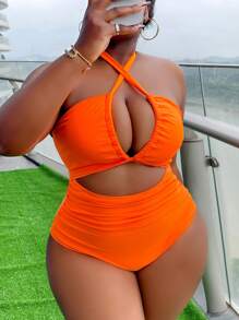 SHEIN Slayr CURVE 大尺碼女款時尚夏季海灘中空露背三點式泳裝 - 橘色 - 查看 6