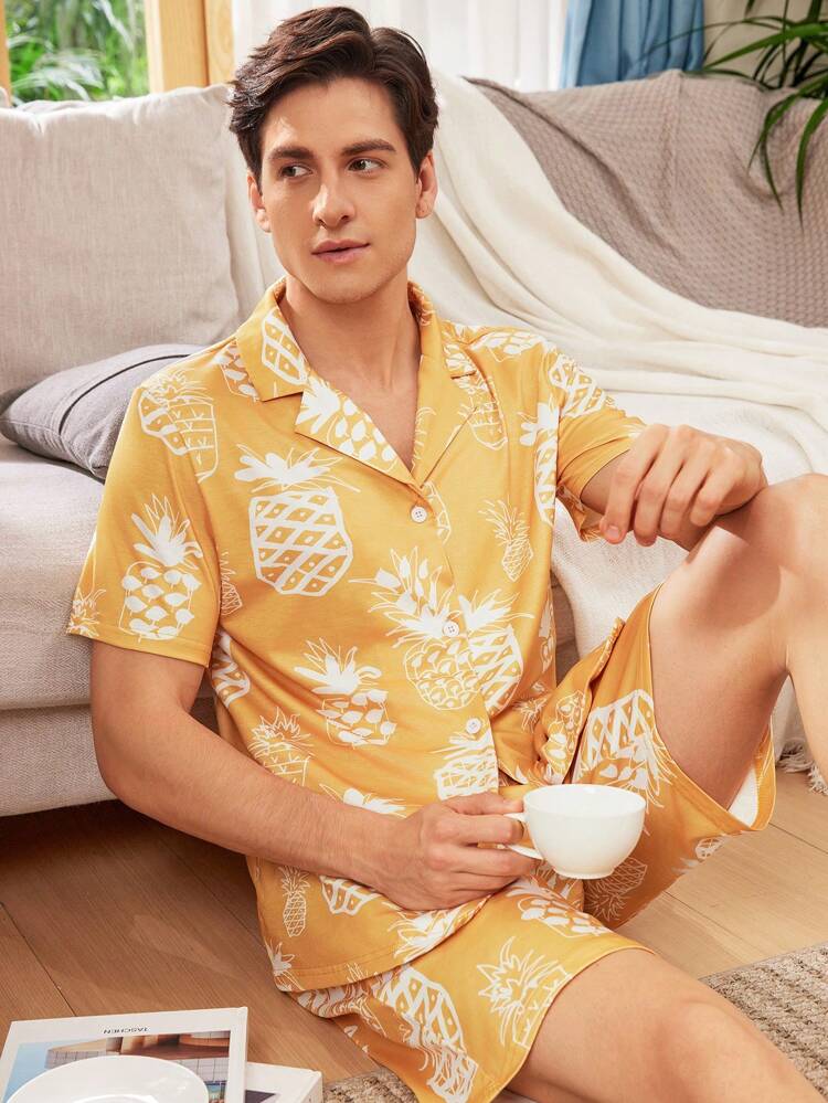 Men's Pineapple Print Front Row View Short Sleeve Top And Shorts Set, Summer Home Wear