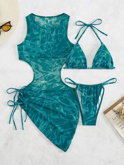 SHEIN Swim Women's Summer Beach Tie-Dye Halter Neck Sexy Bikini Bathing Suit Set With Cover-Up Dress (Random Print)