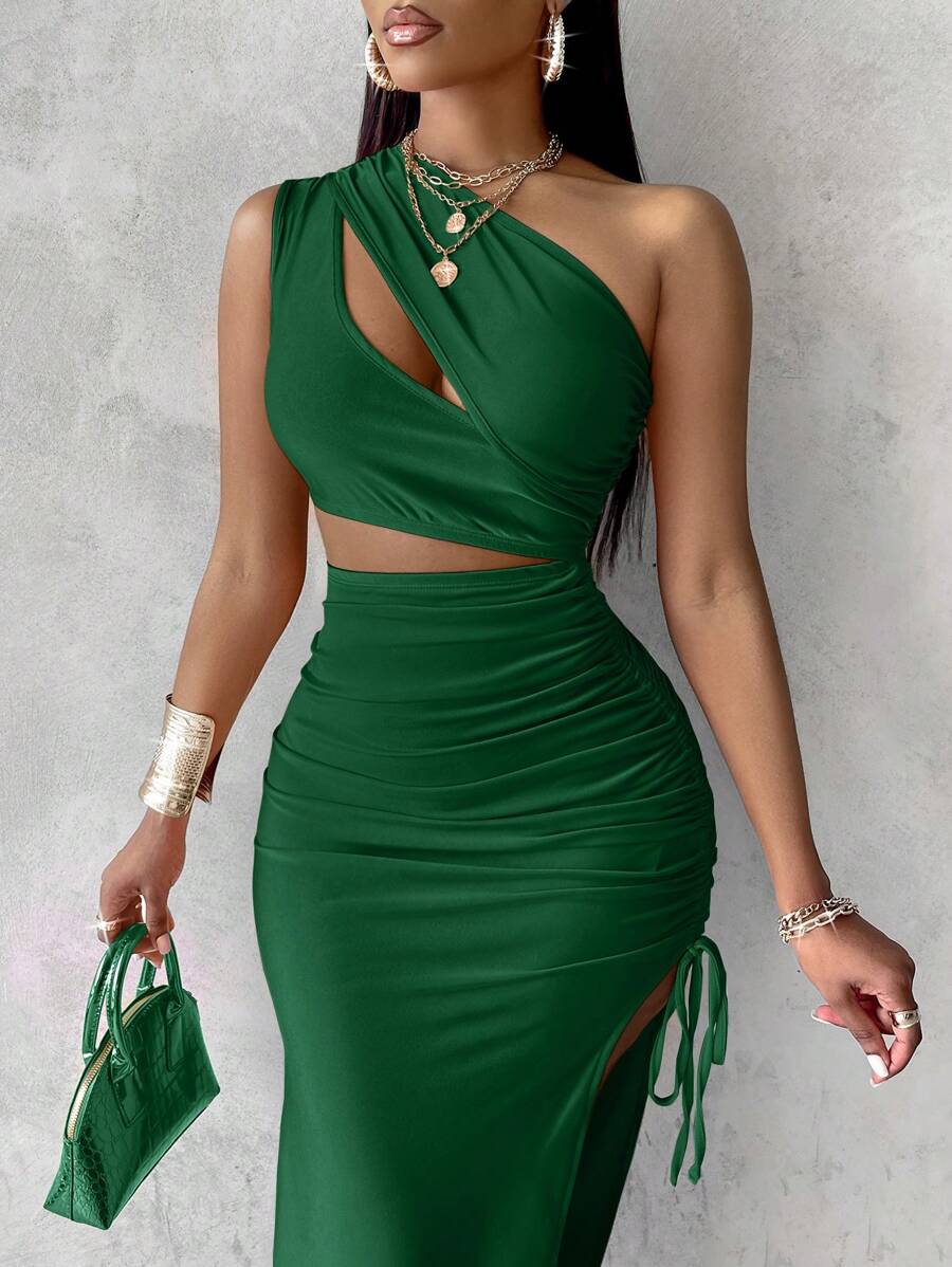 SOLERSUN Ladies' Summer Asymmetrical Neck Bodycon Dress With Ruched Drawstring And Open Slit Maxi Women Outfit - Dark Green - View 1
