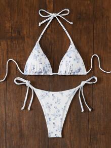 Swim Mod 女士夏季海灘迷你花卉後頸綁帶性感比基尼套裝，2件套裝，隨機印花，印花整體設計 - 藍白色 - 查看 3