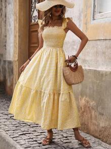 Breezaya 女士格子印花露背荷叶边下摆度假连衣裙（随机印花）超长度假海滩装 - 黃色 - 查看 4