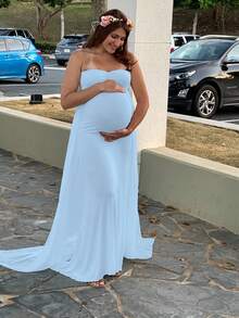 Maternity Tube Top Dress With Long Chiffon Train For Baby Shower Photoshoot - Baby Blue - View 8