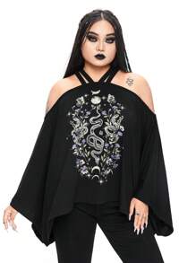 ROMWE Goth تيشيرت بأجنحة الخفاش للمقاسات الكبيرة بطبعات ثعبانية جذابة وغامضة بنجمات وقمر وزهور - الأسود - مشاهدة 1