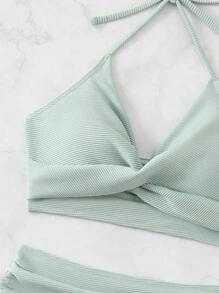 Women's Solid Color Cross Halter Halter Sexy Bikini Set, Summer Beach Swimwear - Mint Green - View 3