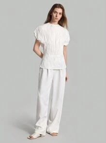 Ontre Women Round Neck Concise And Versatile Spring/Summer Cotton Shirt With Pleats - White - View 3