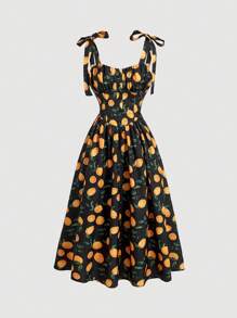 SHEIN MOD 女式时尚度假风印花束腰连衣裙 - 黑色 - 查看 1