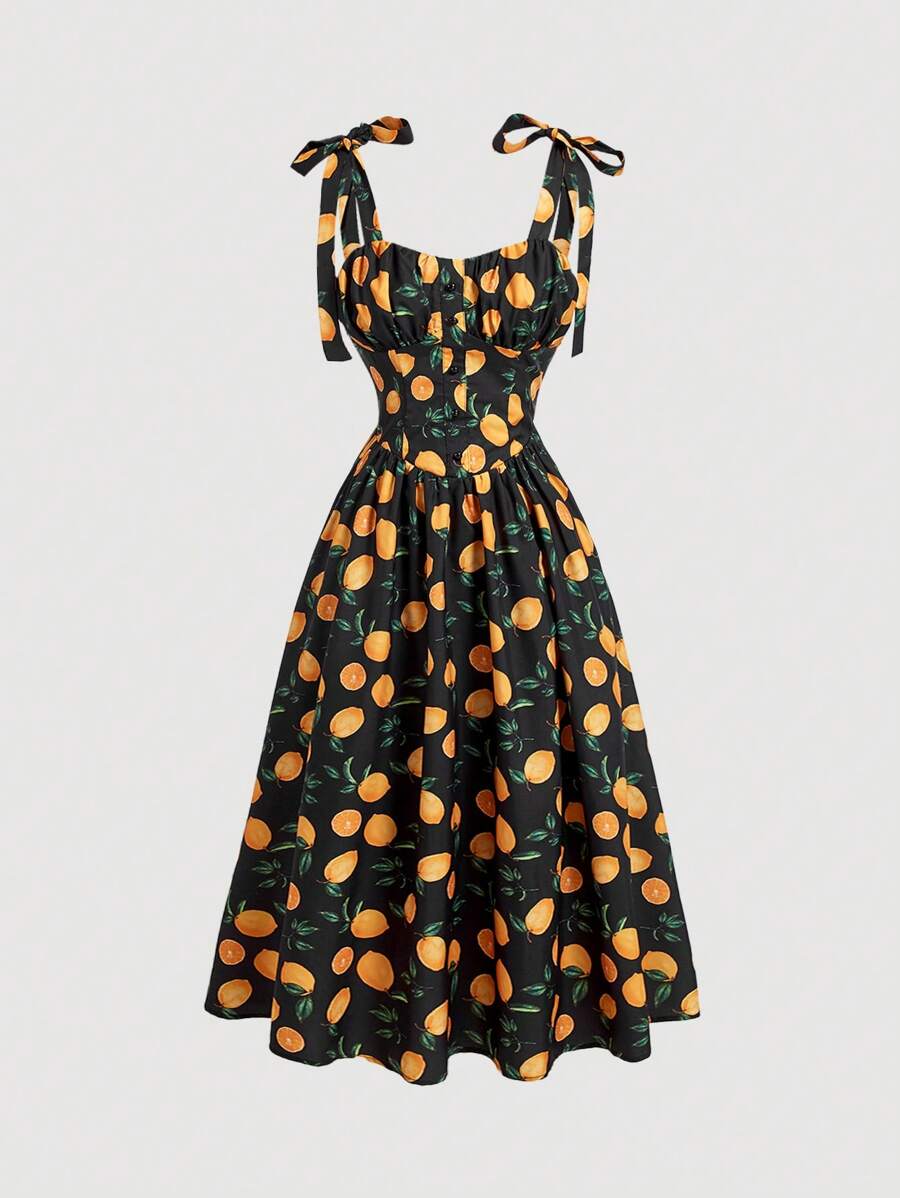 SHEIN MOD 女式时尚度假风印花束腰连衣裙 - 黑色 - 查看 1