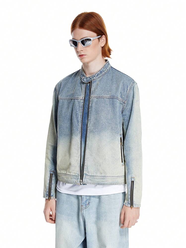 Men's Medium Blue Vintage Wash Denim Jacket With Dirty And Worn-Out Feel, Biker Jacket