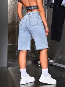 SHEIN ICON Women's Fashionable Loose Distressed Denim Shorts
