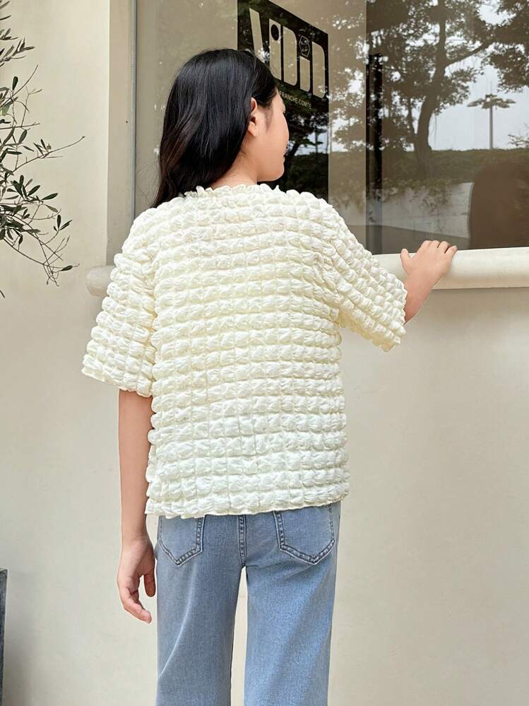 Camicia a quadri a maniche corte e casual alla moda per ragazze con collo a giro e texture bubbolosi - Beige - Visualizzare 2